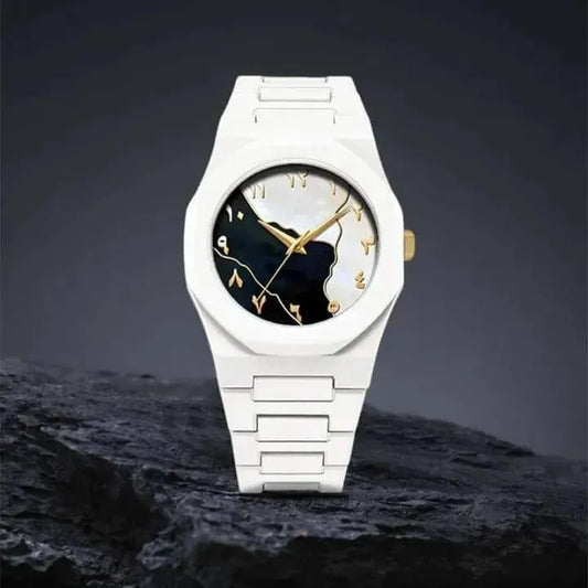 Arabic Aura Men’s Watch – Carbon Fiber & White Marble Dial | Golden